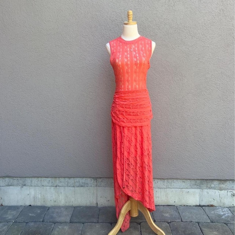 Free People Riviera Midi Dress Size Medium Watermelon Lace Ruched NEW